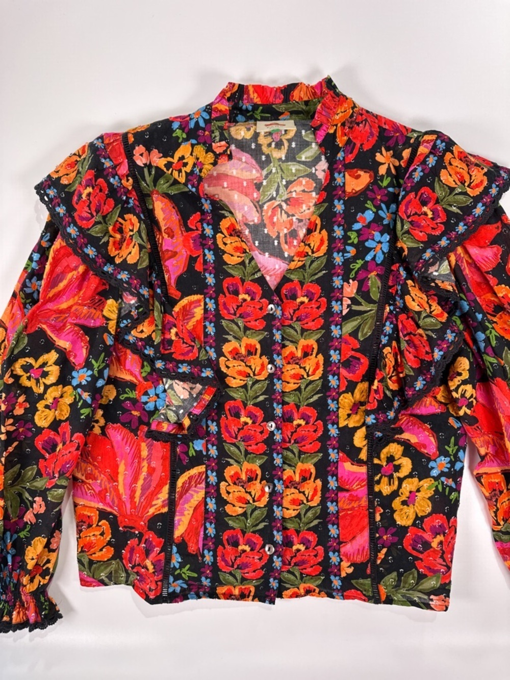 FARM Rio NWOT Black Floral Ruffle Swiss Dot Cotton Blouse Large - Picture 3 of 13